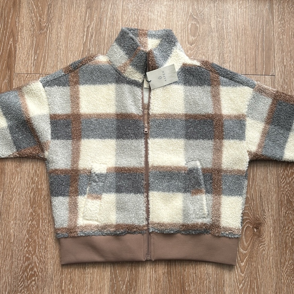 New! Aspen plaid teddy/sherpa fleece bomber jacket, cream/gray/tan, size small - Picture 6 of 7